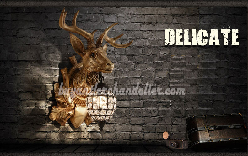 Deer Head Antler Wall Lamps Crystal Hanging Lights Faux Stag Taxidermy Mount Decor 18" Bronze