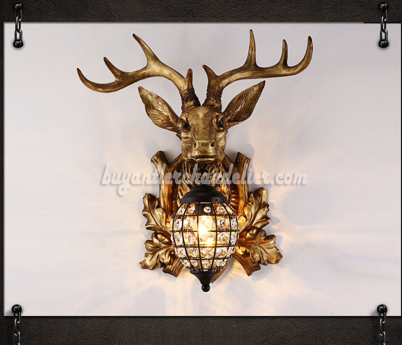Deer Head Antler Wall Lamps Crystal Hanging Lights Faux Stag Taxidermy Mount Decor 18" Bronze