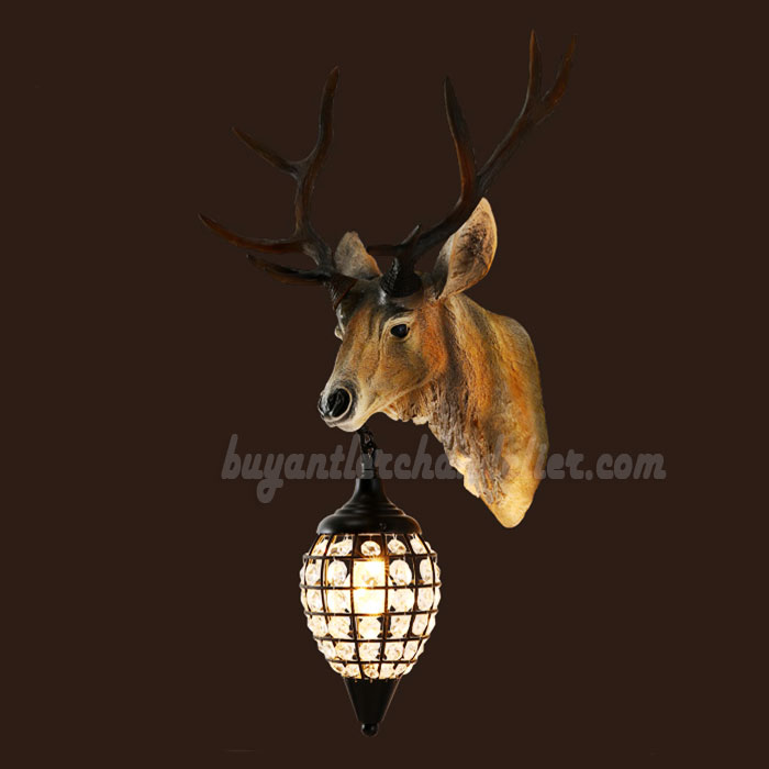 Deer Head Wall Mount Sconces Crystal Pendant Light Lamps Faux Taxidermy Sculpture Natural Color