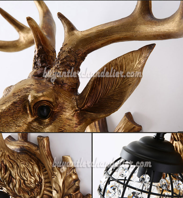 Stag Deer Head Antler Wall Sconces Lamps Hanging Lights Resin Faux Taxidermy Mount Decor Bronze