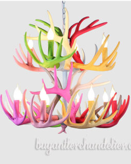 8 + 4 Two Tiers Faux Deer Antler Chandelier Twelve Cascade Candle-Style Hanging Lights Home Light Fixture Decor Colorful 31.5"