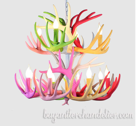 8 + 4 Two Tiers Faux Deer Antler Chandelier Twelve Cascade Candle-Style Hanging Lights Home Light Fixture Decor Colorful 31.5"