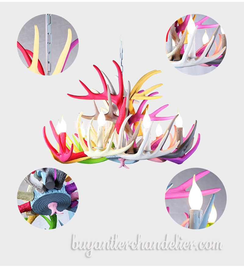 Colorful Faux Deer Antler Chandelier 9 + 6 Candelabra Ceiling Lights for Dining Living Room Bedroom Rustic Home Decor