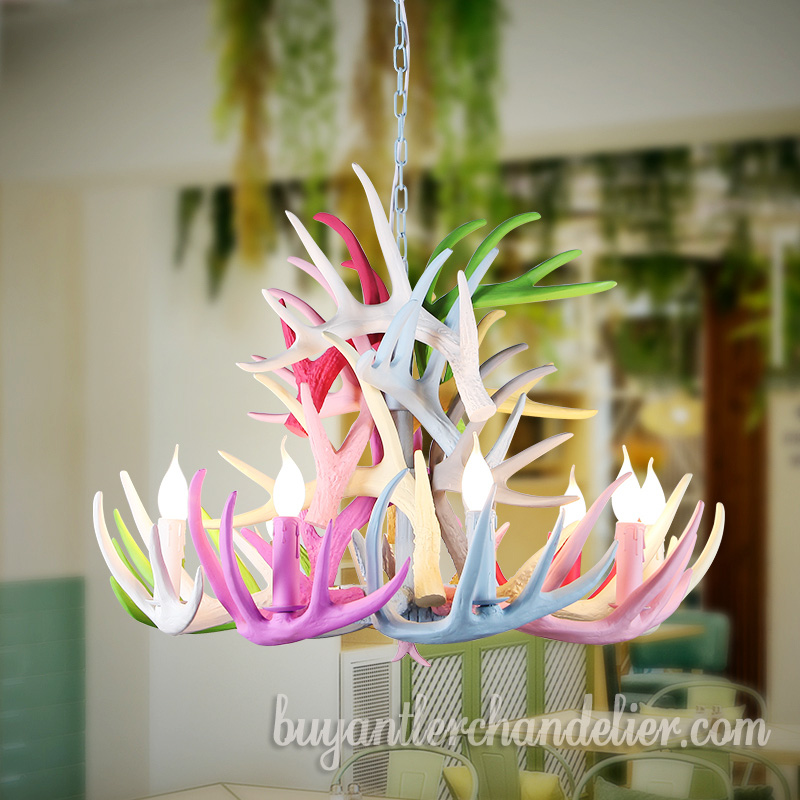 Colorful Faux Deer Antler Chandelier 9 + 9 Cast Candelabra Nine Pendant Lights Rustic Lighting Fixtures for Living Room Decoration