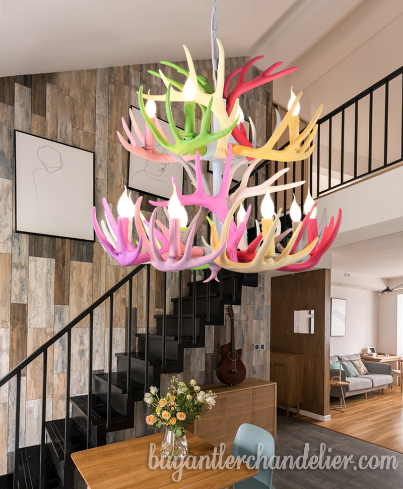 Colorful Faux Deer Antler Chandelier 9 + 9 Cast Candelabra Nine Pendant Lights Rustic Lighting Fixtures for Living Room Decoration