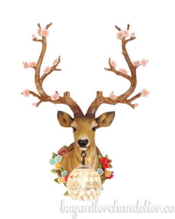 Faux Deer Head Wall Light Sconces Crystal Lamps Antler with Flowers Home Decorating Lighting Fixtures Mount - Left