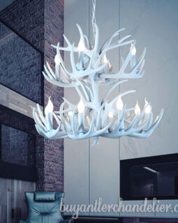 Sky-Blue Deer Antler Chandelier for Sale 8+4 Two Tiers Cascade 12 LED Pendant Lights Rustic Light Fixtures for Dining Living Room