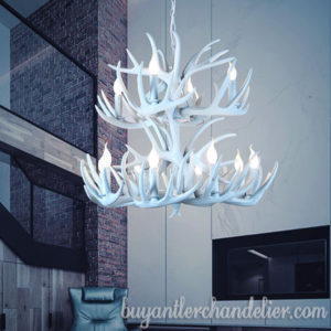 Sky-Blue Deer Antler Chandelier for Sale 8+4 Two Tiers Cascade 12 LED Pendant Lights Rustic Light Fixtures for Dining Living Room