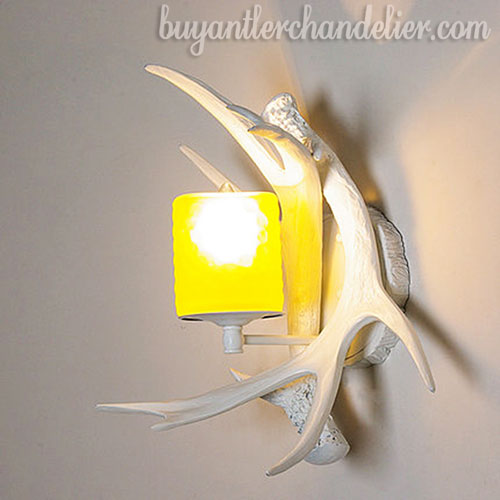 White 2 Cast Antler Wall Sconces Bedside Lamps Rustic Light Fixture Plug In for Bedroom With LED Candles Holders 14.20" x 15.7"